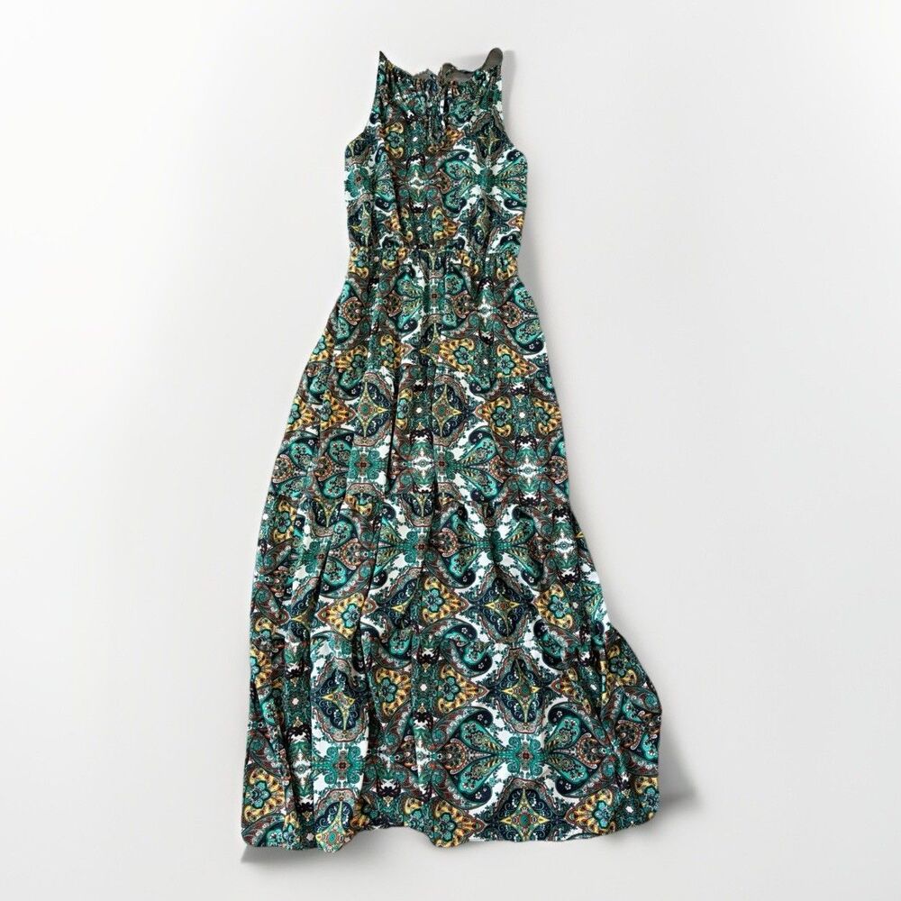 Renee C Paisley Halter Maxi Dress Size M Green Teal Boho Vacation Summer